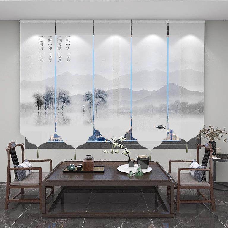 新中式山水水墨画卷拉式升降卷帘电动办公室窗帘遮阳屏风隔断帘子