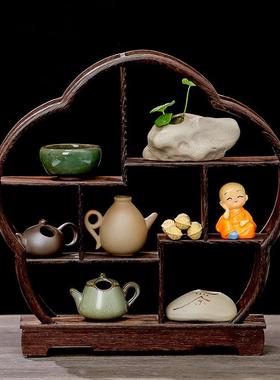 2024茶壶博古架家居客厅茶桌装饰品实木小摆件茶道茶壶收纳台中式