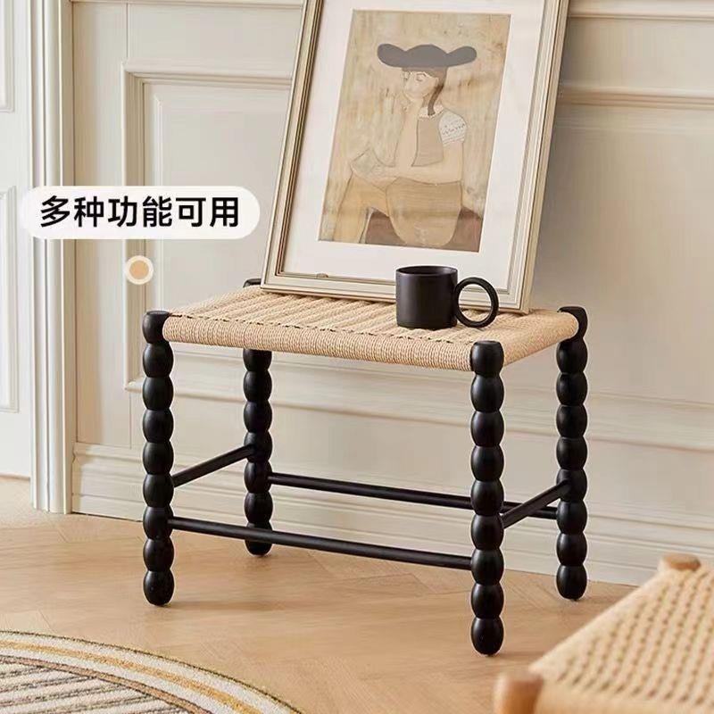 网红实木编绳凳子现代简约家用靠背化妆椅法式复古设计师洽谈餐椅