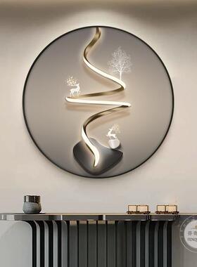 现代轻奢LED玄关装饰圆形灯画客厅入户走廊过道画招财鹿石来运转