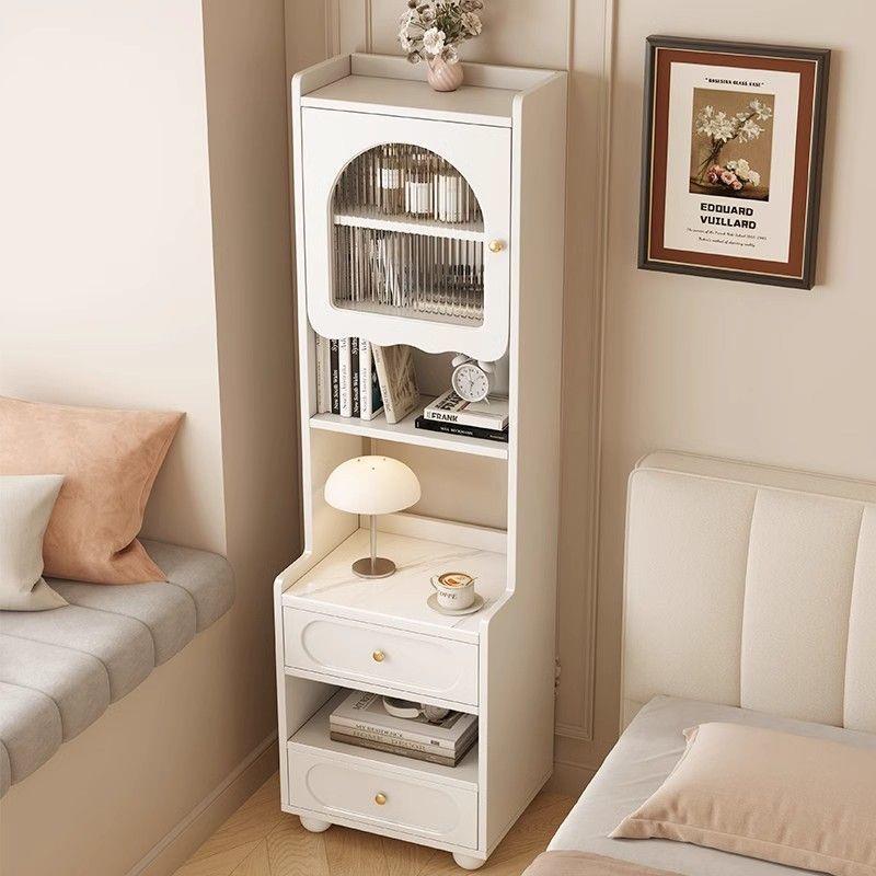 Rtd实木床头柜高款收纳储物柜奶油风带书架小户型家用卧室床头置