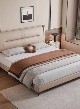 现简约卧室双人单人皮床纳帕IZU皮实木代带灯体床件储物皮床软一