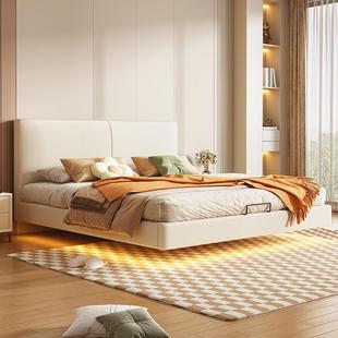 薄床悬浮床奶油风主卧皮双床人齐MKR边燕尾榫排骨架靠背软包头婚