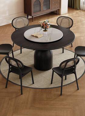 黑复色古风实带木形餐桌椅法式中古风岩板圆桌转盘家用圆8人LJP63