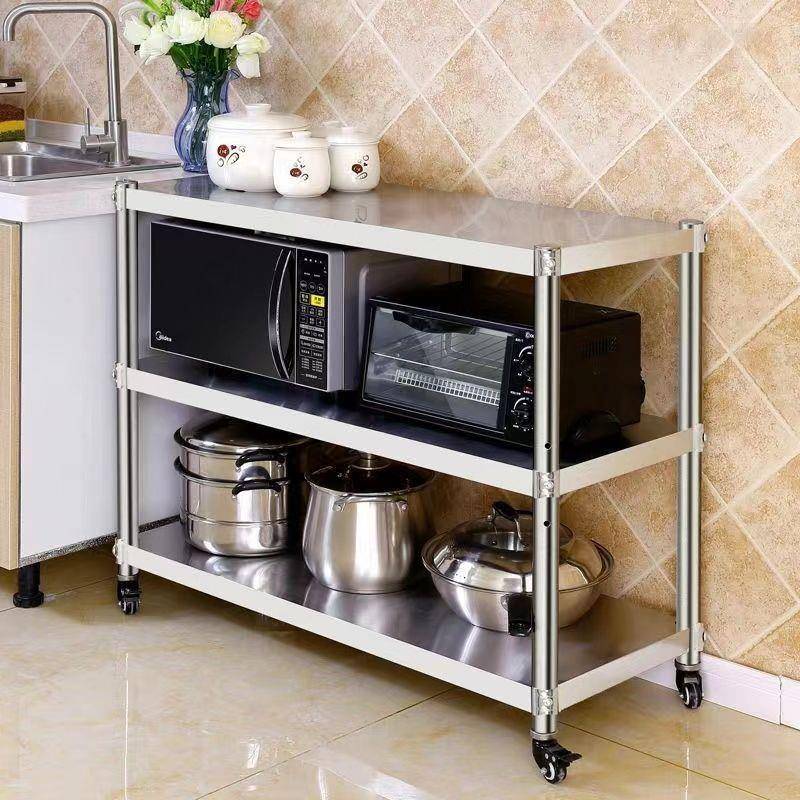不锈钢厨房置物架轮三层带可移箱动子微波炉烤多3层滑轮P4424185