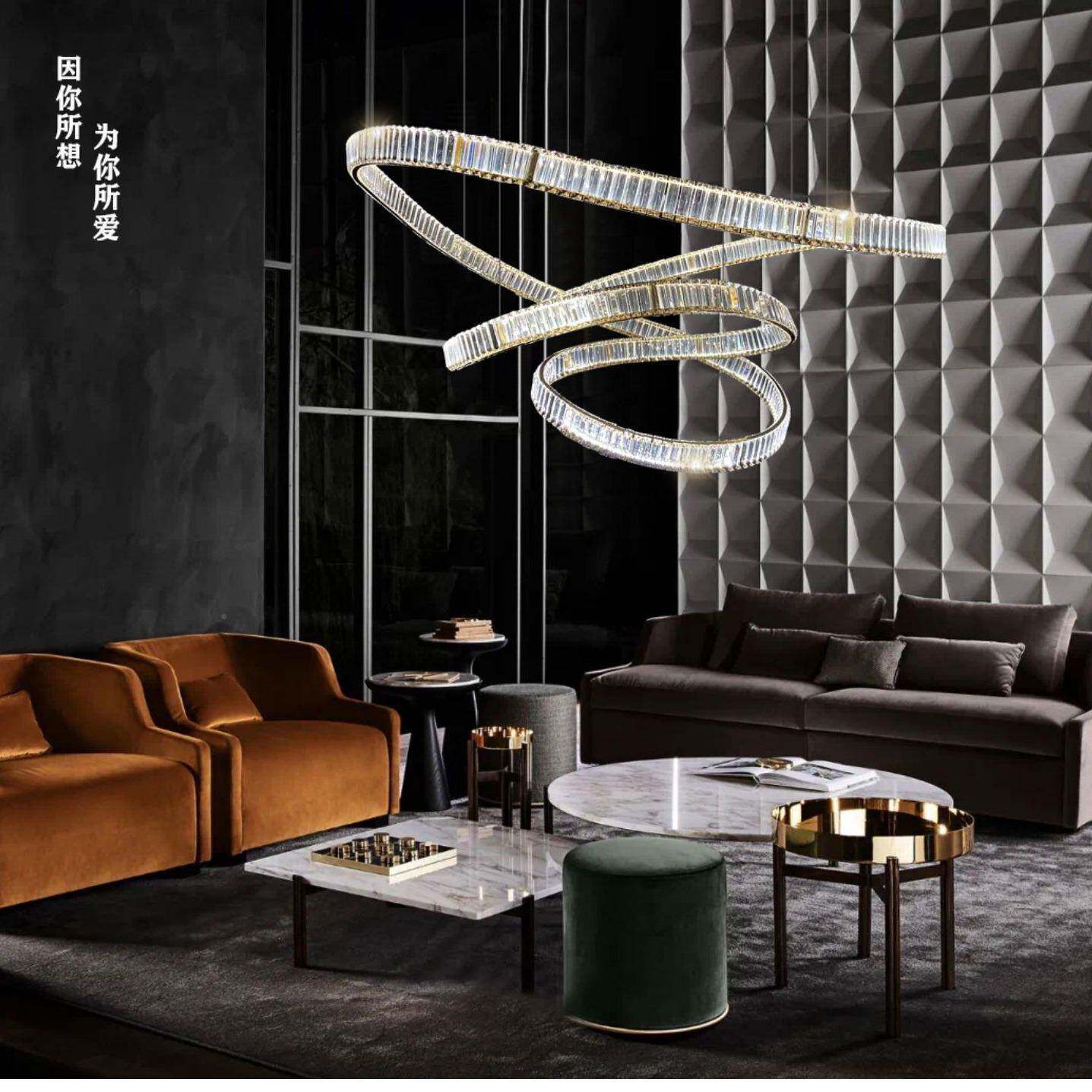 新款轻奢小家居286环形挑空客代厅水大吊灯创意现复式晶蛮腰飘带