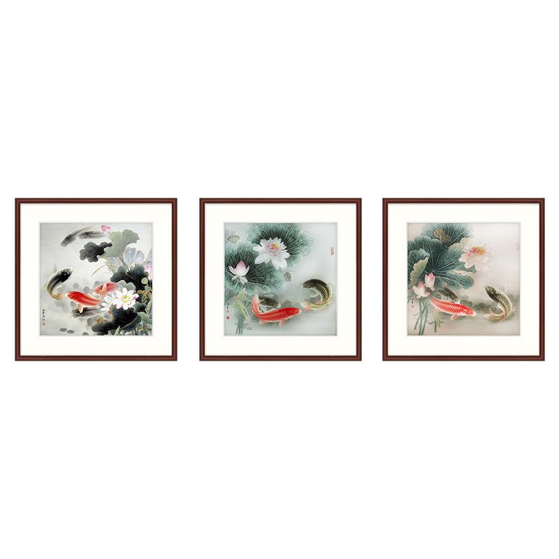 年年有鱼餐66aa厅装饰水画墨荷花国画挂中式店画客饭厅九鱼图聚财