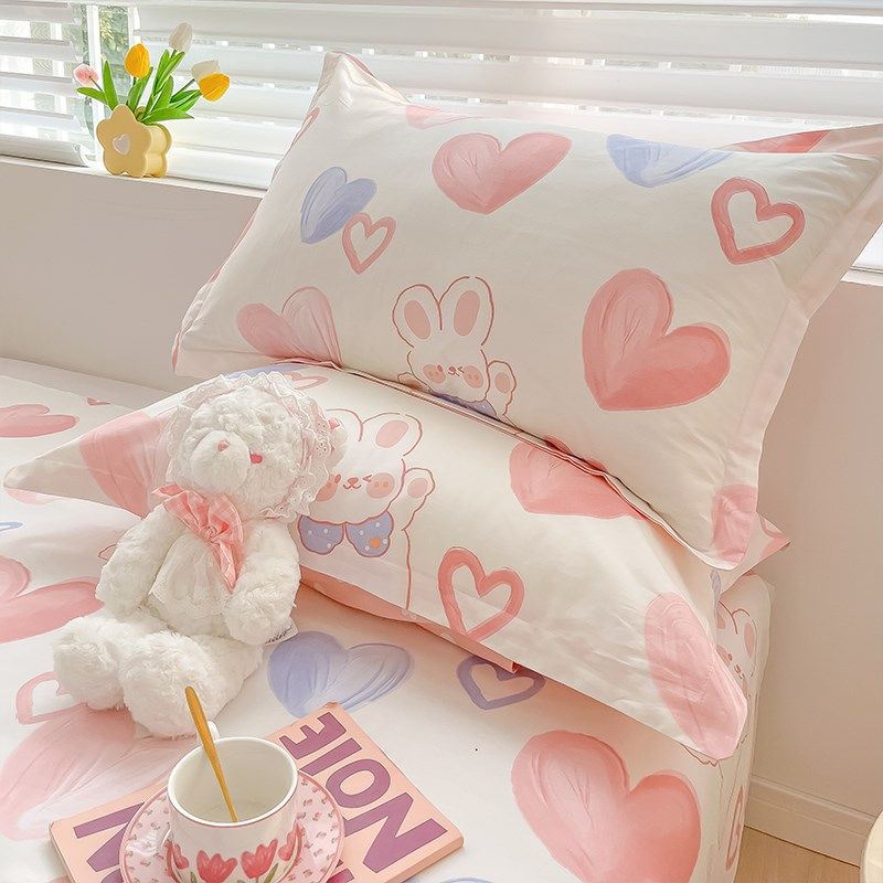 卡通粉色枕套全棉纯棉整头枕头套一对装家用成人枕罩枕芯内胆套女