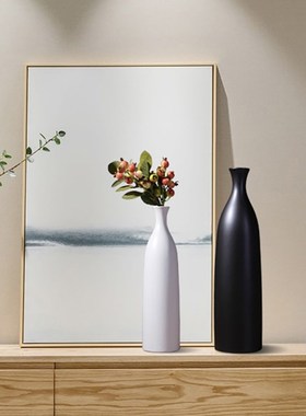 经典黑白色复古单支花瓶干花美式细口简约陶瓷摆件客厅装饰工艺品