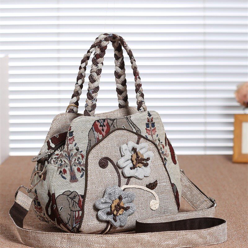 新款民族风中国风帆布手提斜跨包女布艺百搭两用女包单肩休闲女包