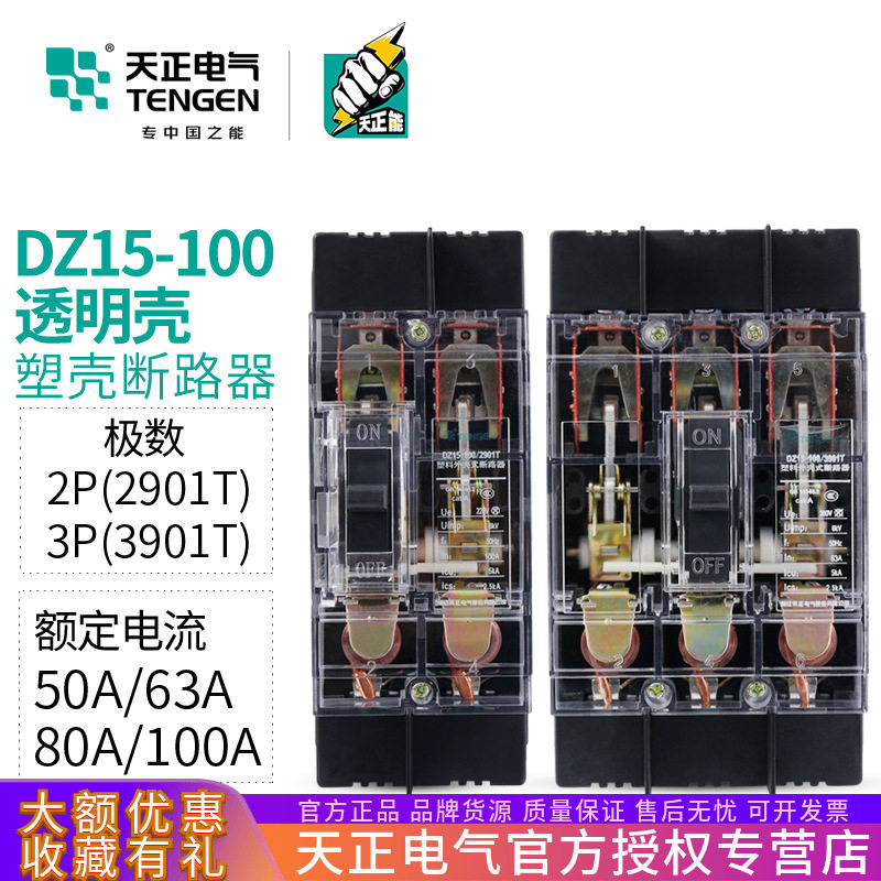 TENGEN天正电气DZ15-100/3901T2901T透明外壳开关断路器100A63A
