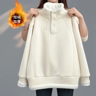 女童冬季新款半高领加绒卫衣时尚百搭加厚保暖立领防风排扣上衣