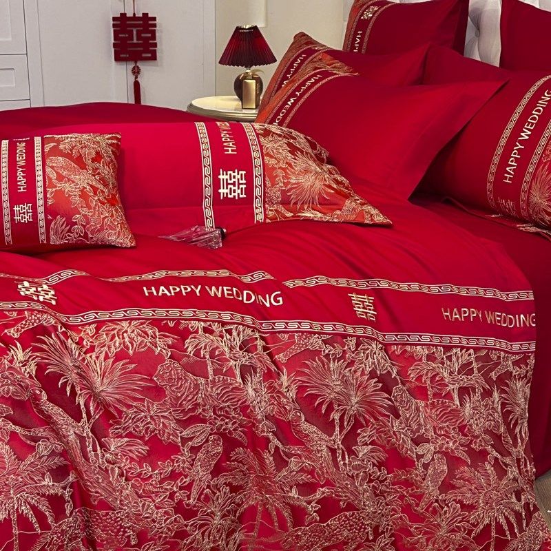 轻奢新中式结婚纯棉四件套喜庆红色婚庆全棉床单被套陪嫁床上用品