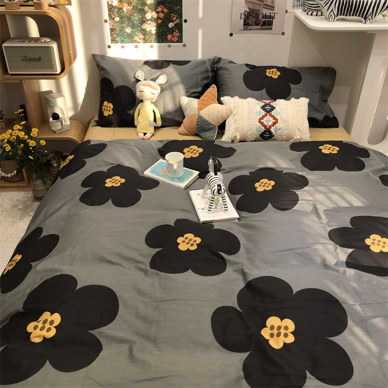 灰色欧美式田园花卉床上四件套全棉纯棉文艺1.5m1.8被套床单民宿