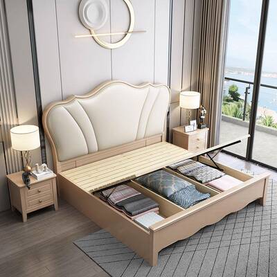 美式轻奢全实20689木床1.8米单双1人床现代约简.5欧式主卧公主物