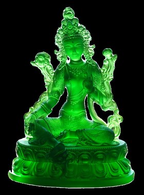 尼泊尔藏式琉璃绿度母佛像摆件家庭家用供奉观音佛像菩萨镶嵌宝石