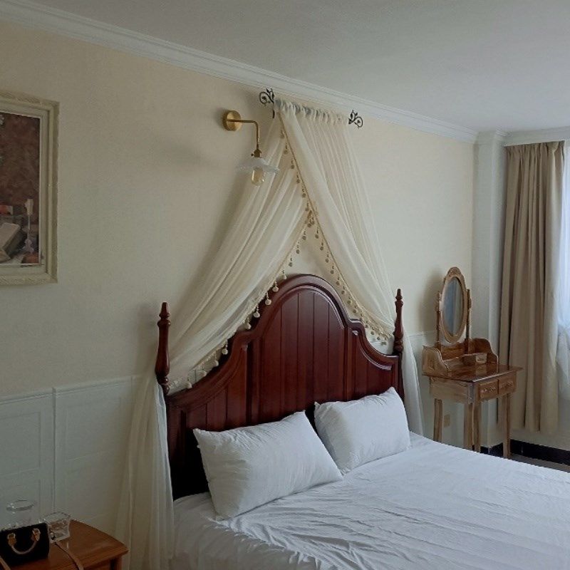简约复古床幔一字杆装饰床帘奶油色毛球纱帘中古风法式美式百搭帘