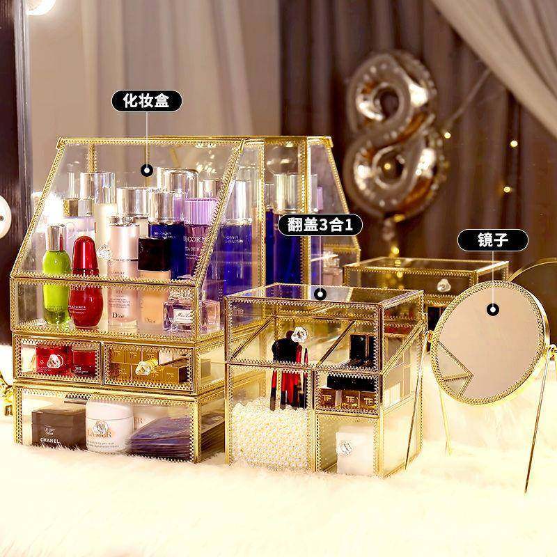 梳化妆收纳盒感透明克大容量亚CYW春力玻璃护肤品妆台翻盖式口江
