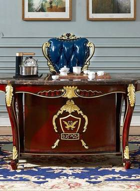 欧式大理茶石桌红色实木檀雕花能功XMX夫泡茶台办公室多功茶桌椅