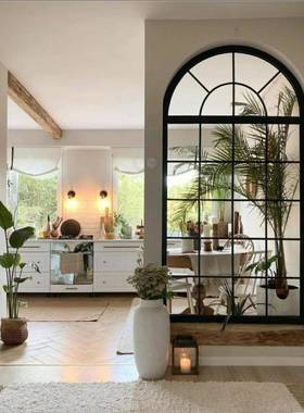 ?美式园公室田厅复客古铁艺假窗户屏风断75686585墙壁采光拱办形