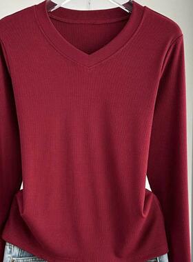 日本螺纹V领长袖T恤2025早秋冬新款宽松大码显瘦洋气遮肉红色上衣