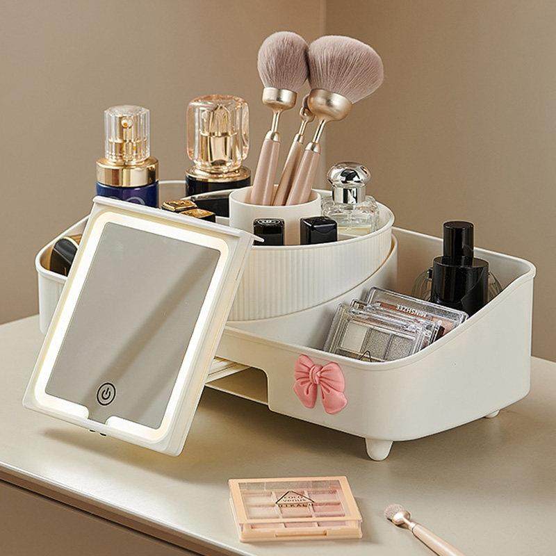 化妆品收纳盒桌面带镜子一体梳妆台护肤品口红香水面膜置物架网红