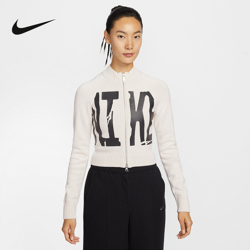NIKE耐克女子春长袖针织衫紧身图案全长拉链开襟针织衫IF4414-104