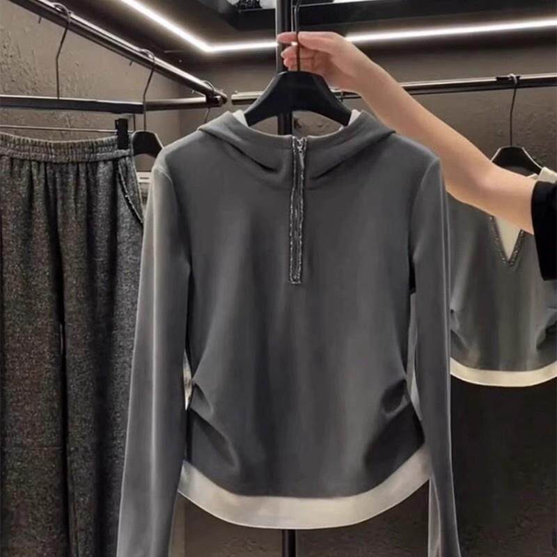 日本半拉链连帽上衣女春秋季新款修身显瘦百搭慵懒感长袖保暖卫衣