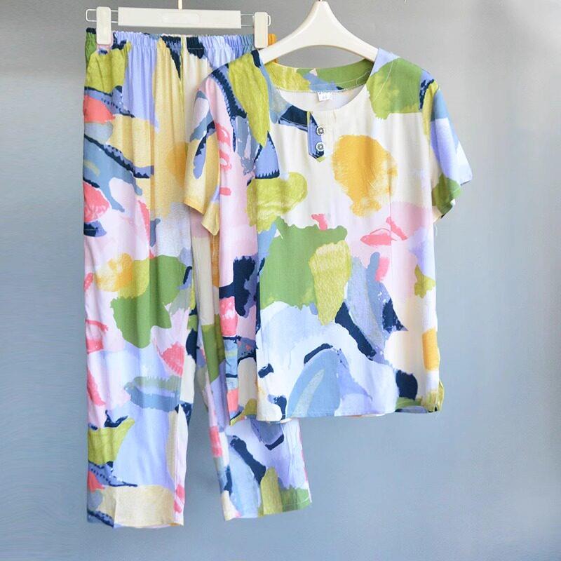 棉绸睡衣女夏季薄款绵绸家居服短袖7分裤中老年人外穿人造棉套装