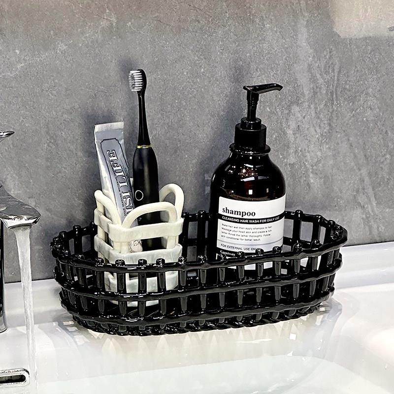 洗漱台藤编陶瓷收纳篮化妆室台面高级洗手液牙膏牙刷置物架收纳筒