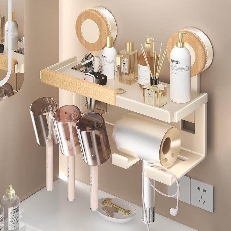 日本吸盘牙刷置物架化妆室电动牙刷牙膏收纳刷牙洗脸巾漱口杯架子