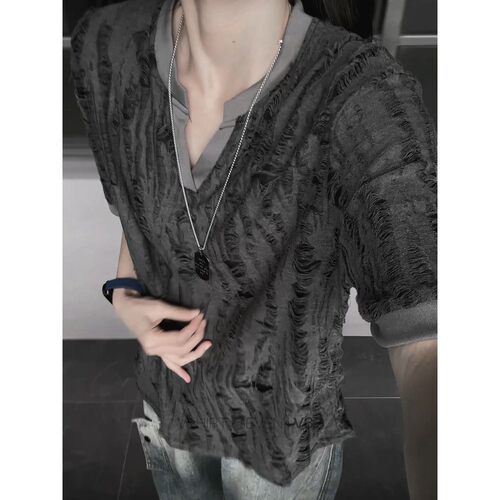 破洞短袖T恤男士潮牌半袖衣服