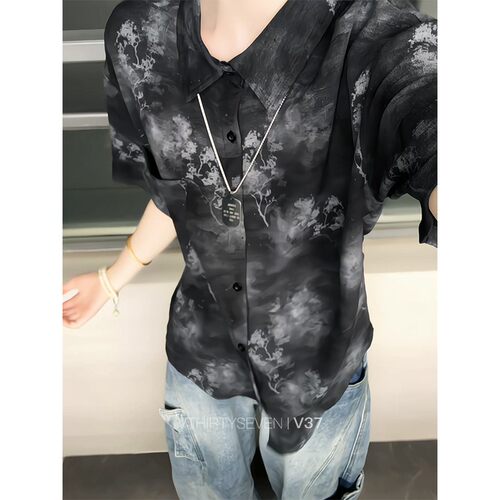 港味花卉印花短袖衬衫薄款男