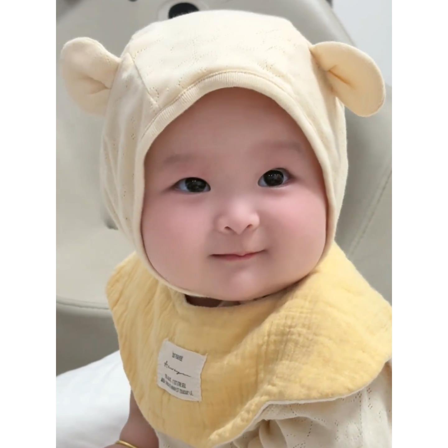 婴儿帽子0到3个月男女宝宝小月龄初生胎帽秋冬小熊超萌小孩护耳帽