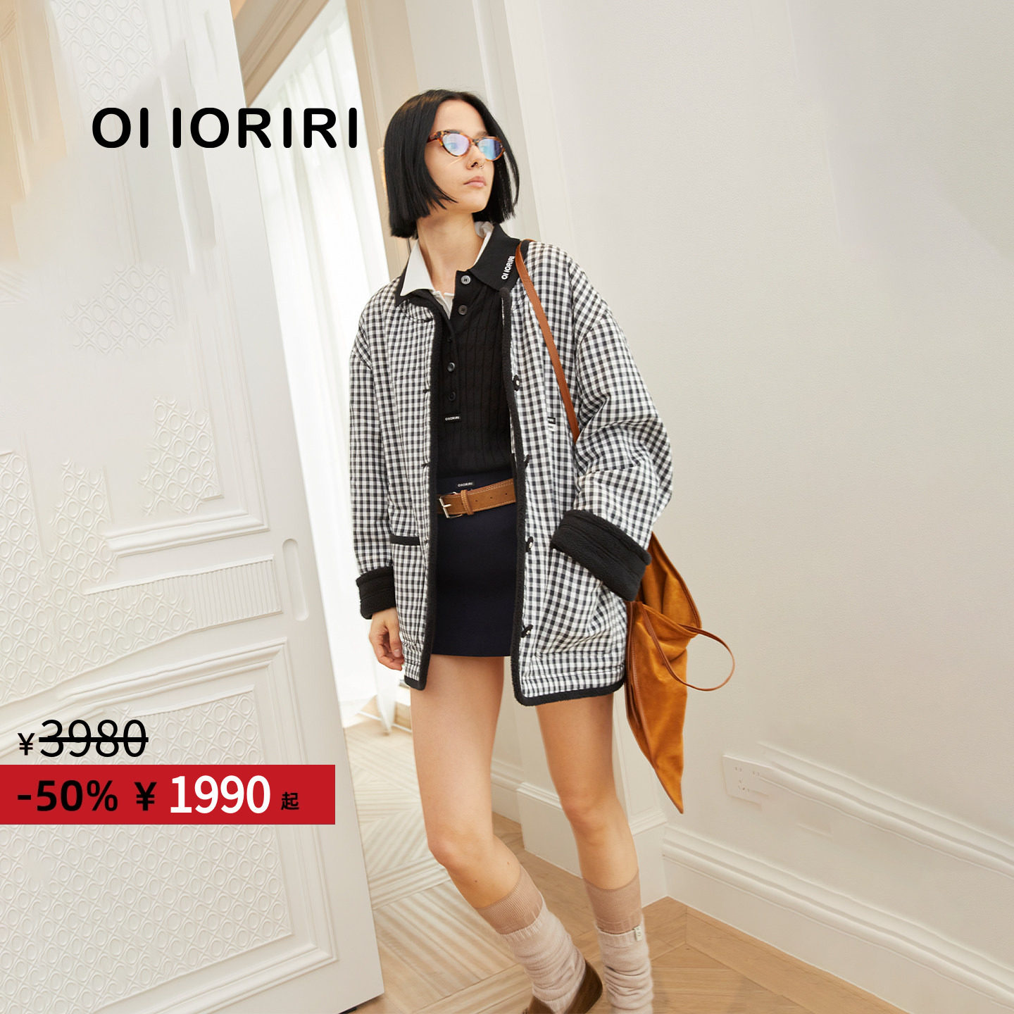 OIIORIRI复古黑白格纹上衣
