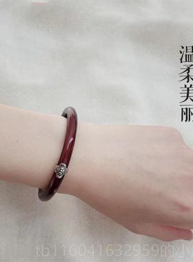 新款西藏天然正品鸡血坠藤手镯女吊款藏银铃铛男镯情侣风民族木质