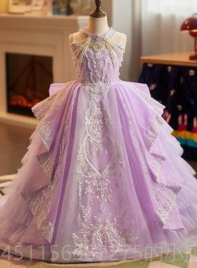 高档紫色女童主持人晚礼服裙高轻端奢小众大童儿钢琴童奏演演出服