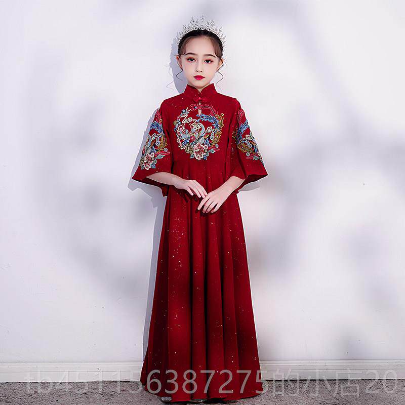 高档女童国风纤红汉服礼服 聚中色酯维儿童旗袍演出走秀大童晚礼