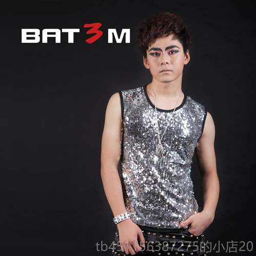 正品夏季亮片心男夜背男DJ模特舞台店DS男T台演出服装修身男舞台