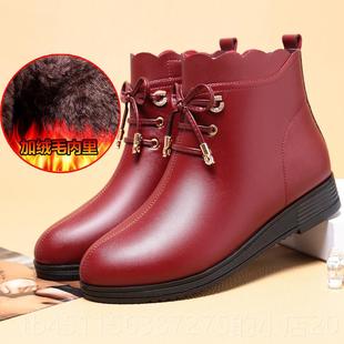 高档妈鞋底棉鞋真皮软底中年老女鞋短靴低妈跟平防滑女士棉皮鞋棉