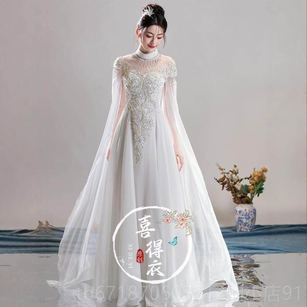 正品新弹古筝出服成演人女中国风白色乐演奏服民装款学生艺考合唱