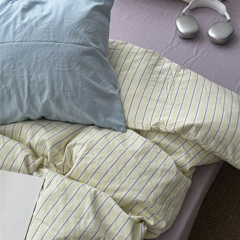 奶油女孩在风混合条纹水洗棉四件套棉被床单学生宿舍三件套,床上用品,床品套件/四件套/多件套,淘宝优惠券,粉丝福利购,淘宝优惠卷