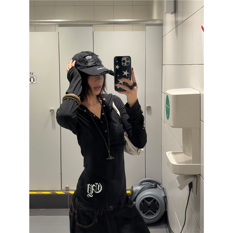 NSTNEW START发芽计划美式哥特字母印花连帽修身轻薄纱长袖t恤女