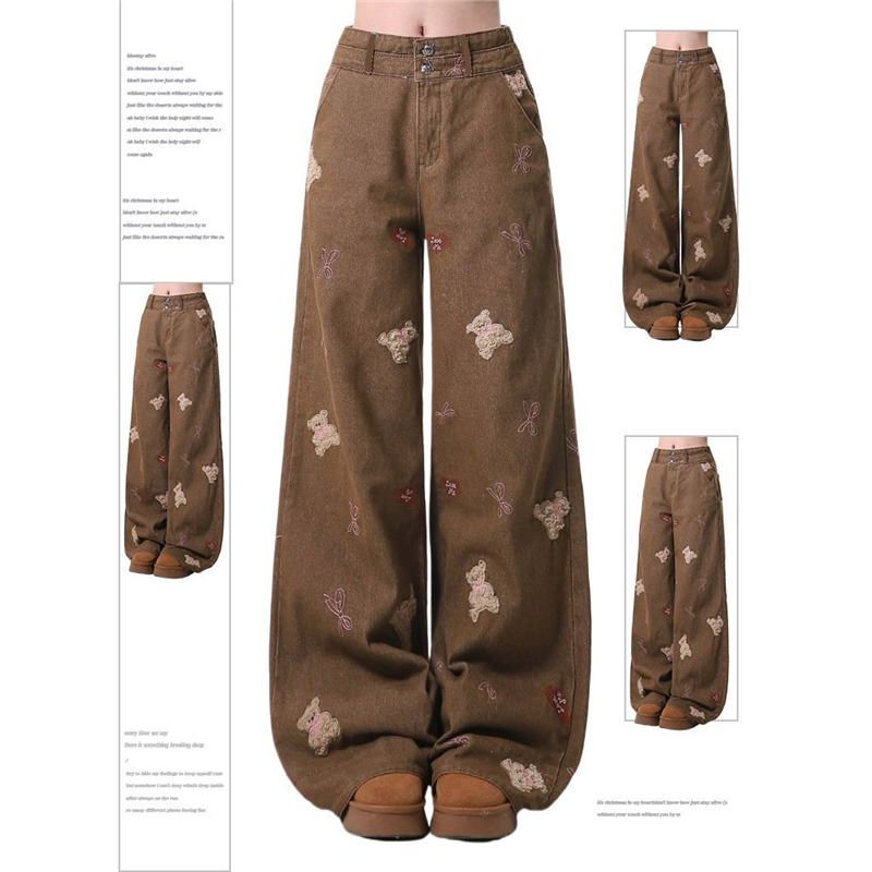 Rayohopp小熊刺绣牛仔裤女加绒加厚秋冬款美式复古长裤阔腿裤子潮