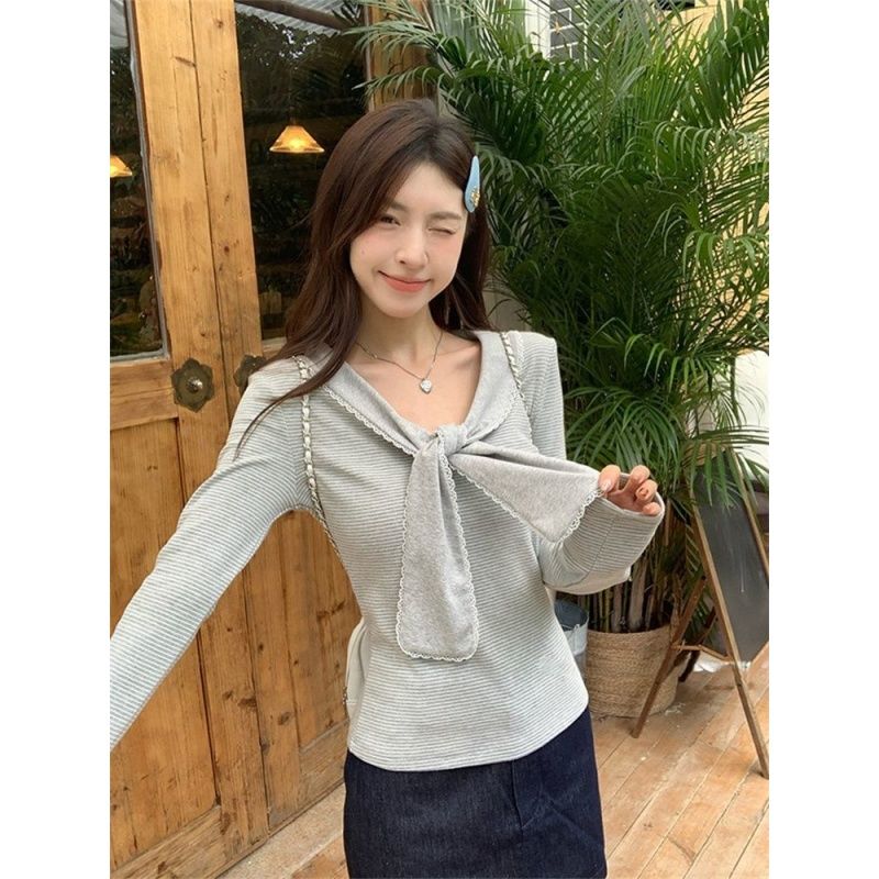 morning bloom条纹蕾丝拼接蝴蝶结长袖T恤女秋季修身打底内搭上衣