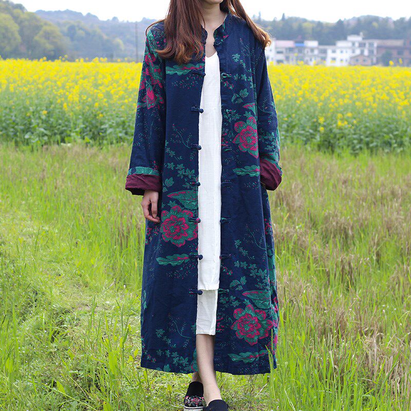 春秋双层棉麻大花外套女中长款新中式小个子印花开衫民族风长风衣
