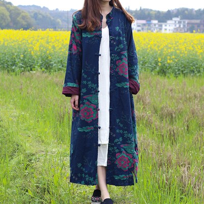 春秋双层棉麻大花外套女中长款新中式小个子印花开衫民族风长风衣