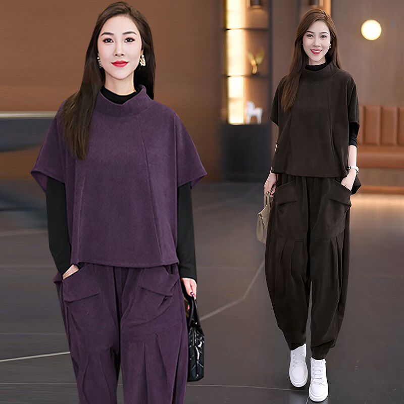 春季胖MM立领半袖上衣+哈伦裤两件套女2025新款减龄休闲时尚套装