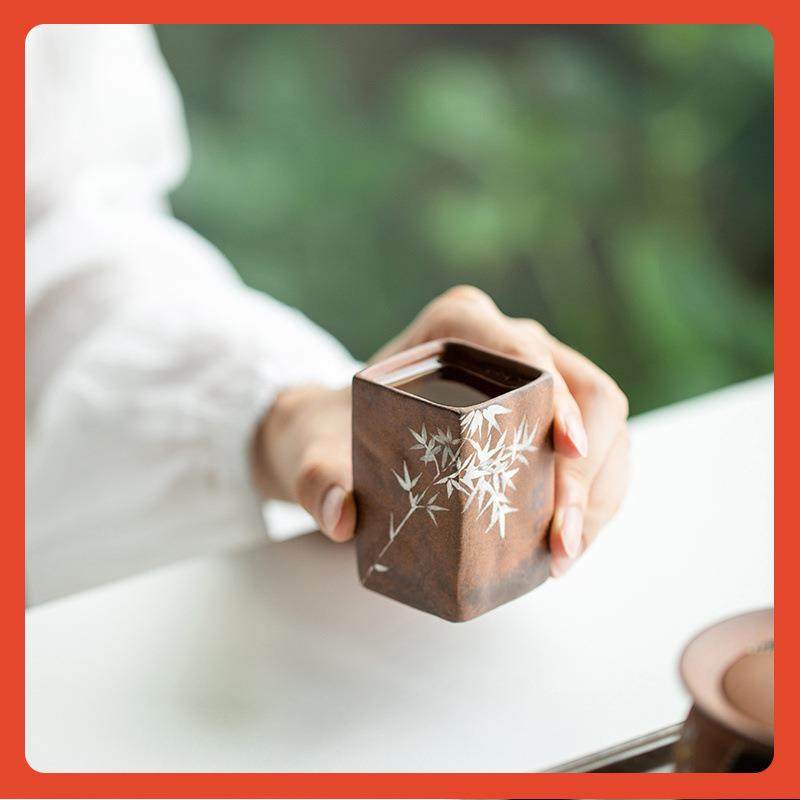 ∞观策器隐老岩泥描银手绘竹影四方杯茶杯复古个人主人杯子