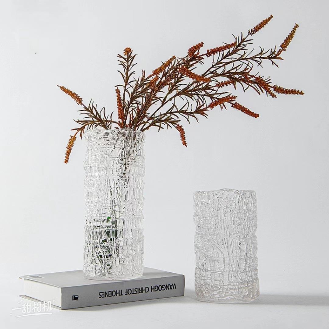 现代简约圆形拉丝玻璃花瓶干花家居客厅书房装饰品花瓶摆件工艺品